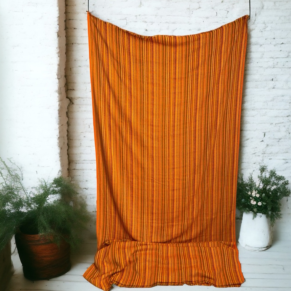 Vintage 70's Textured Woven Striped Fabric In Orange / Yellow / Brown / Green